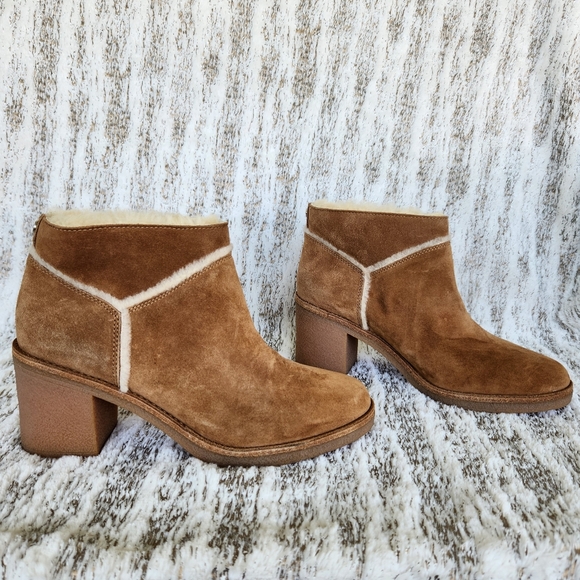 NWOT UGG "Kasen" Suede Sherpa Block Heel Ankle Boot Tan Leather | Women’s 9.5 - Picture 6 of 13